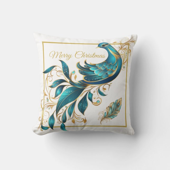 Christmas Peacock and Feather Throw Pillow (Front)