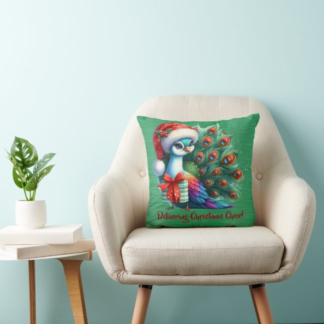 Christmas Peacock In Santa Hat Delivering Cheer Throw Pillow (Chair)