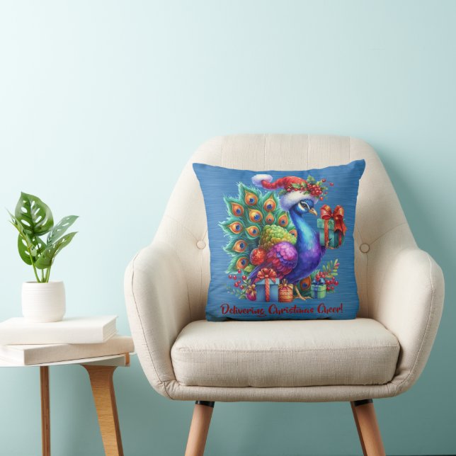 Christmas Peacock In Santa Hat Delivering Cheer Throw Pillow (Chair)