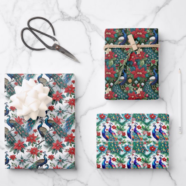 Christmas Peacocks And Poinsettias Wrapping Paper Sheets (Front)