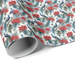 Christmas Peacocks Feathers And Poinsettias Wrapping Paper
