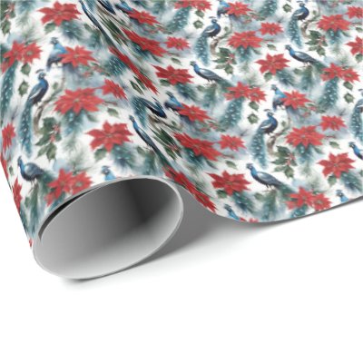 Christmas Peacocks Feathers And Poinsettias Wrapping Paper