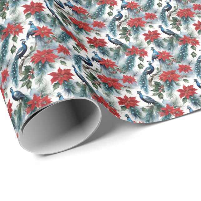 Christmas Peacocks Feathers And Poinsettias Wrapping Paper (Roll Corner)
