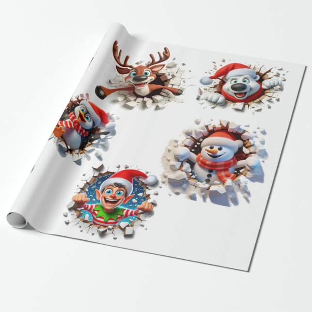 Christmas peeking characters wrapping paper (Unrolled)