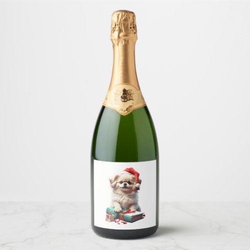 Christmas Pekingese   Sparkling Wine Label
