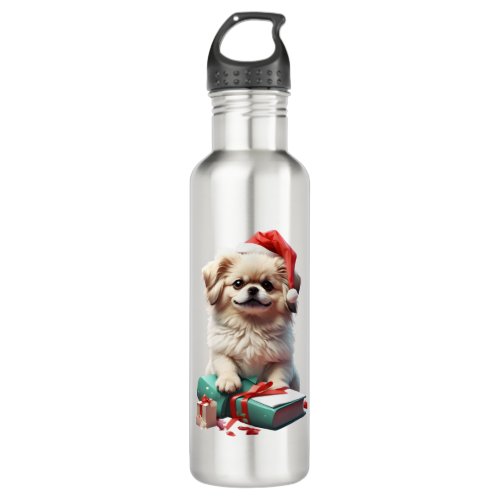 Christmas Pekingese   Stainless Steel Water Bottle