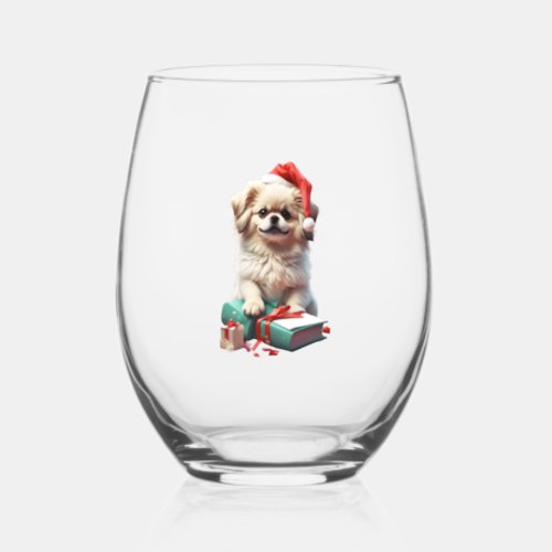 Christmas Pekingese   Stemless Wine Glass