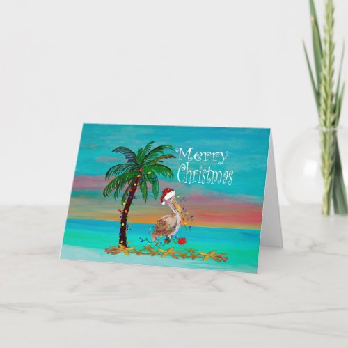 Christmas pelican Holiday palm tree greeting cards