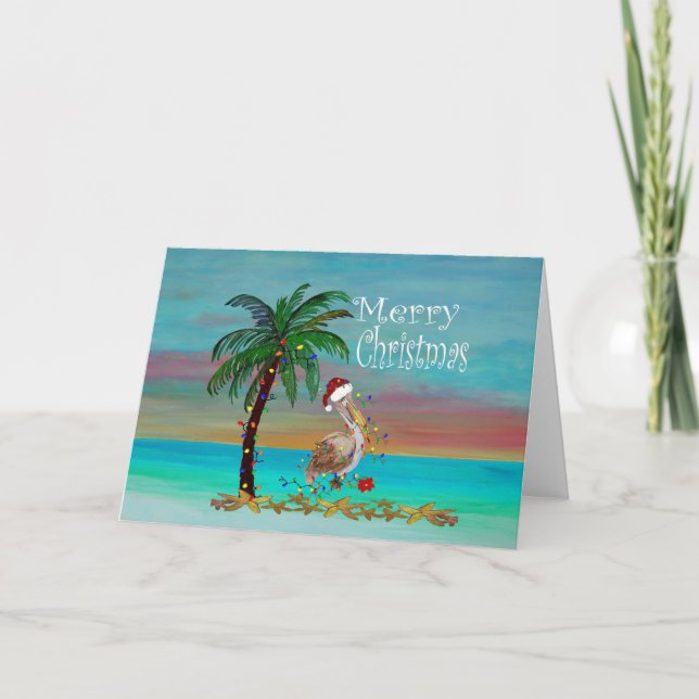 Christmas pelican Holiday palm tree greeting cards (Front)