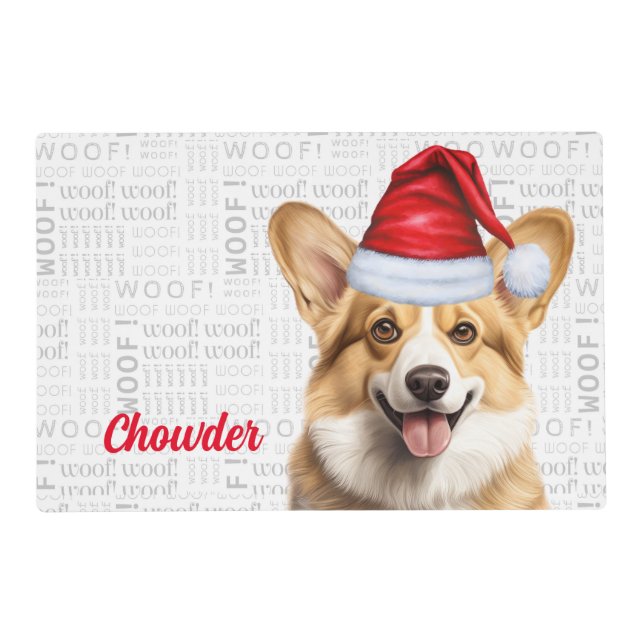 Christmas Pembroke Welsh Corgi Dog with Name Pet Placemat (Front)