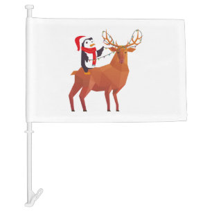 Christmas Penguin and Elk Car Flag