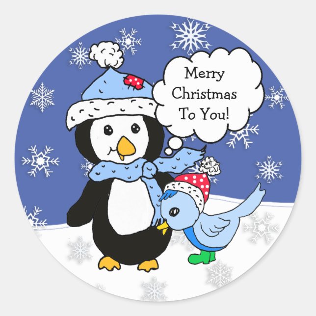 Christmas Penguin and Snow Blue Bird Classic Round Sticker (Front)