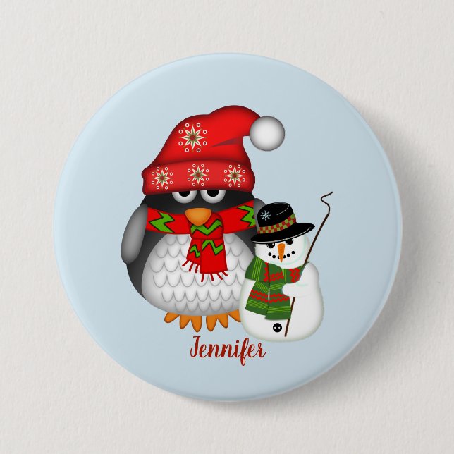 Christmas penguin and snowman with custom name button (Front)