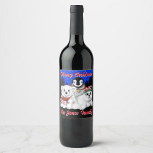 Christmas penguin baby polar bear seal personalize wine label
