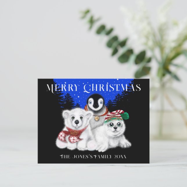 Christmas penguin baby polar bear seal pup  postcard (Standing Front)