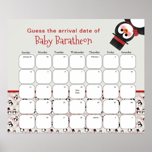 Christmas Penguin Baby Shower Guess The Due Date Poster