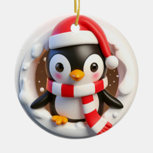 Christmas Penguin Bursting Out Ceramic Ornament
