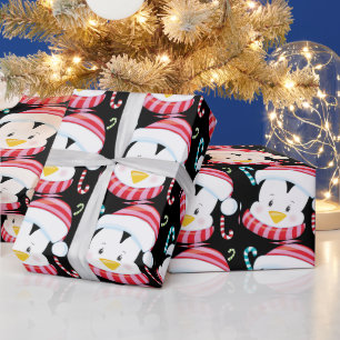 Christmas penguin cartoon candy cane pattern black wrapping paper