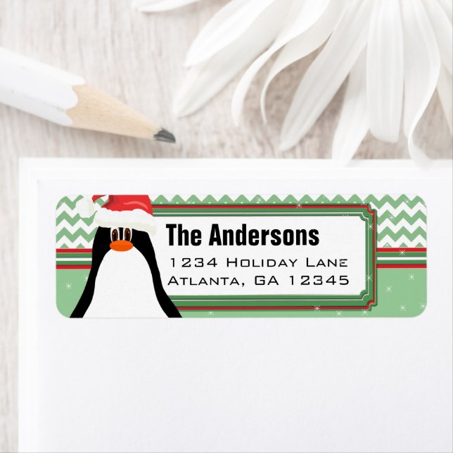 Christmas Penguin Chevron Pattern Return Address Label (Insitu)