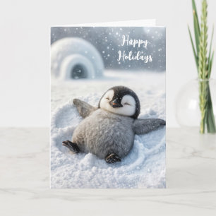 Christmas Penguin Chick Making a Snow Angel Card