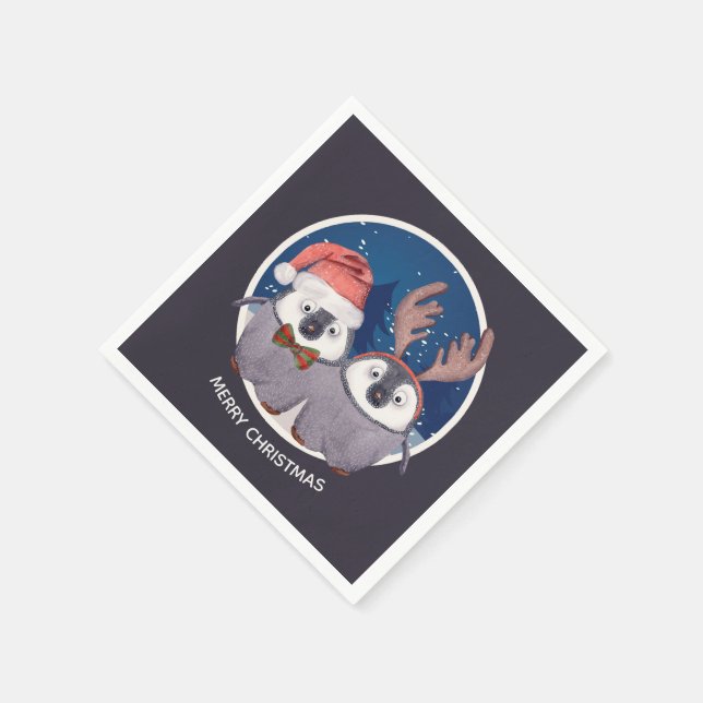Christmas Penguin Couple Adorable Personalized Paper Napkins (Corner)