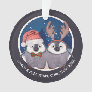 Christmas Penguin Couple Cute Santa and Reindeer Ornament