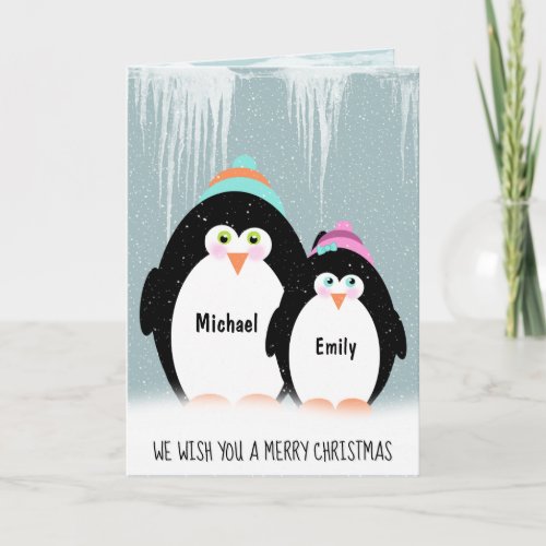 Christmas Penguin Couple in Snowflakes Card