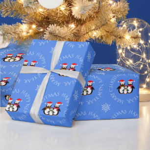 Christmas penguin family custom text blue wrapping paper