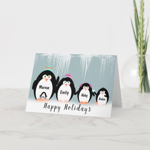 Christmas Penguin Family In Snowflakes Card