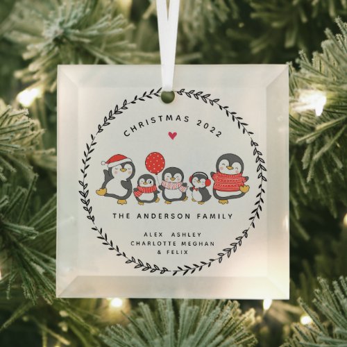Christmas  Penguin Family Of Five Glass Ornament