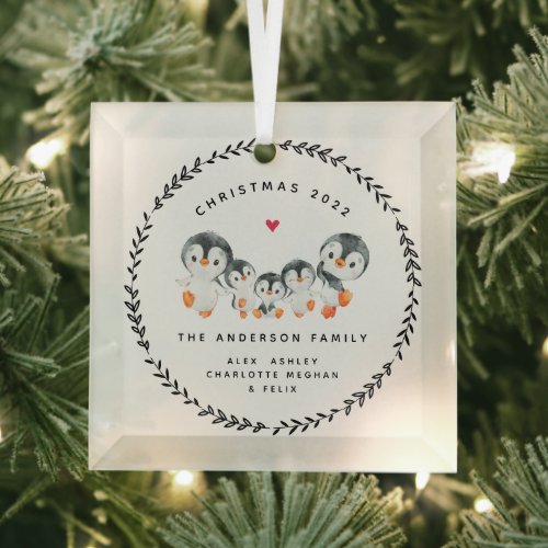 Christmas Penguin Family Of Five Glass Ornament