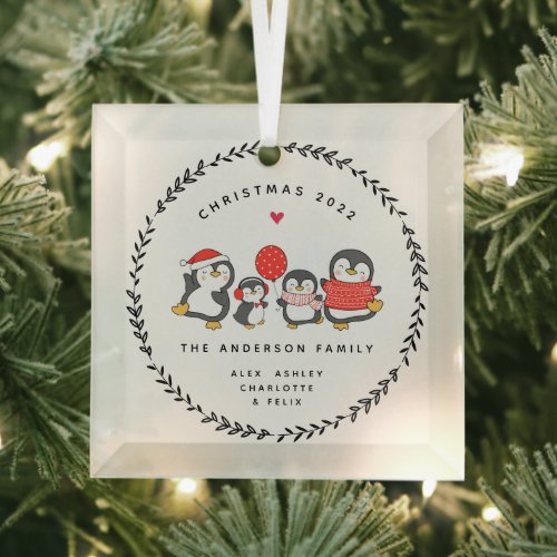 Christmas  Penguin Family Of Four Glass Ornament