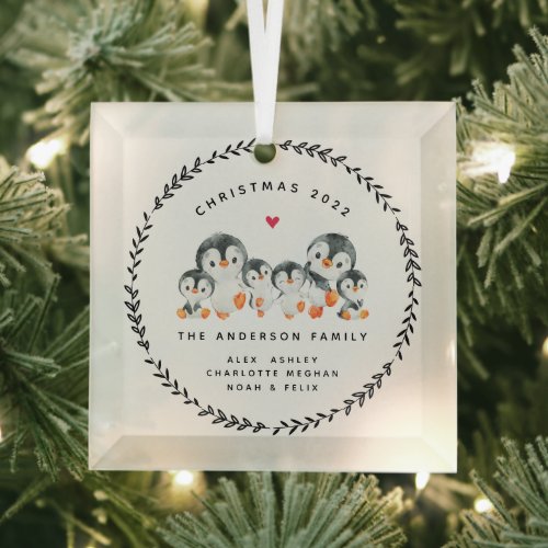 Christmas Penguin Family Of Six Glass Ornament