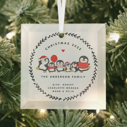 Christmas  Penguin Family Of Six Glass Ornament