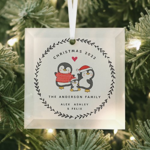 Christmas  Penguin Family Of Three Glass Ornament