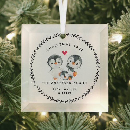 Christmas Penguin Family Of Three Glass Ornament