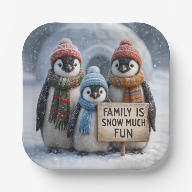 Christmas Penguin Family With Fun Sign Paper Plates (Front)