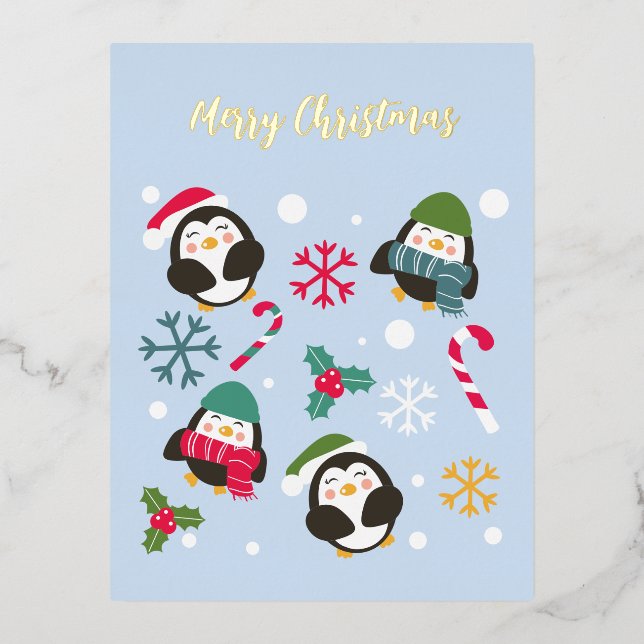 Christmas Penguin Foil Holiday Postcard (Front)