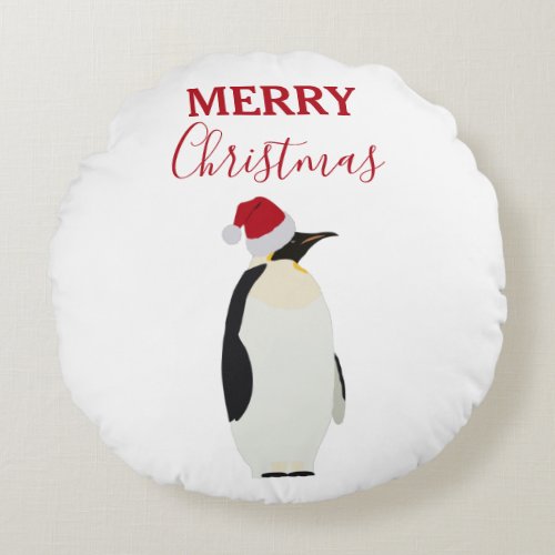 Christmas Penguin Funny Animal with Santa Hat  Round Pillow