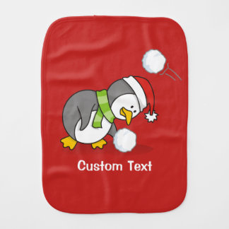 Christmas penguin getting a snow ball baby burp cloth