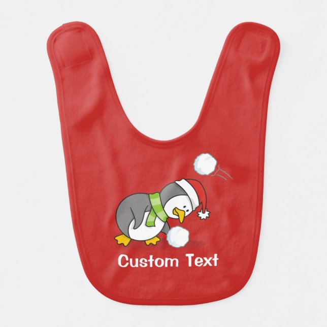 Christmas penguin getting a snow ball bib (Front)