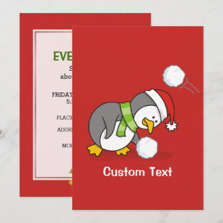 Christmas penguin getting a snow ball invitation
