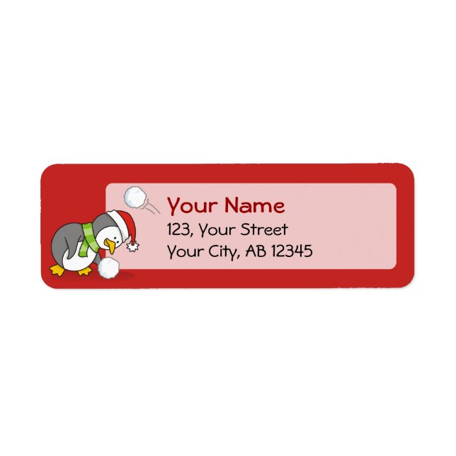 Christmas penguin getting a snow ball label (Front)