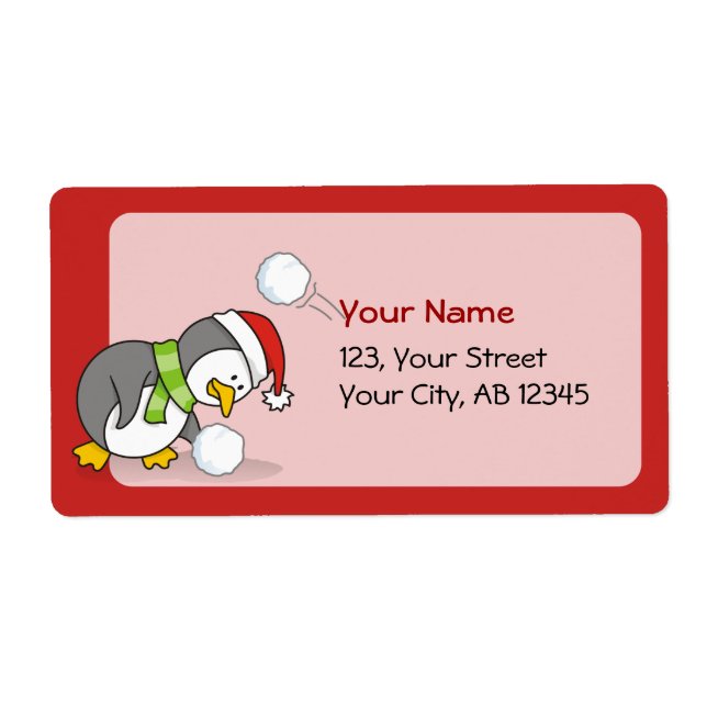 Christmas penguin getting a snow ball label (Front)