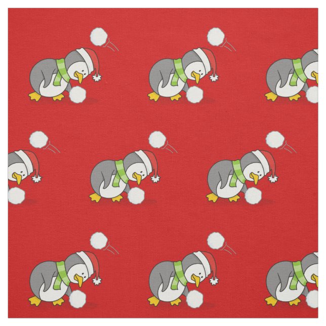 Christmas Penguin Getting a Snow Ball Pattern Fabric (Swatch)