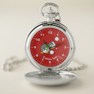 Christmas penguin getting a snow ball pocket watch