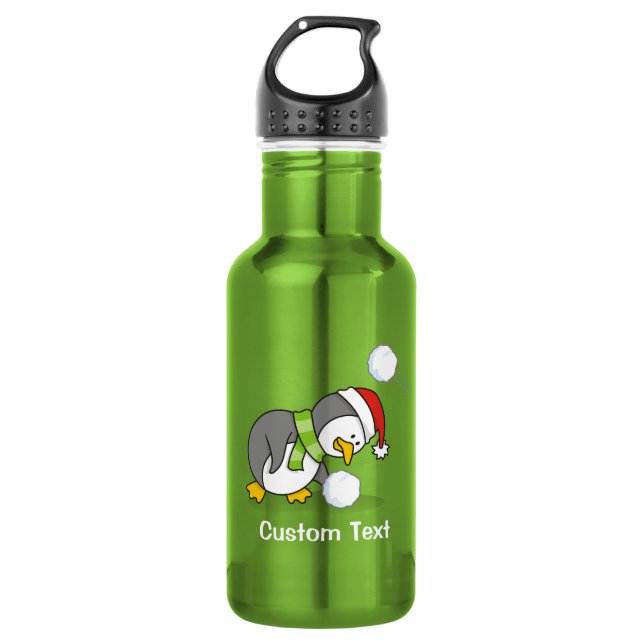 Christmas penguin getting a snow ball stainless steel water bottle (Front)