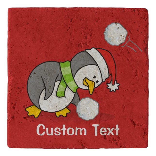 Christmas penguin getting a snow ball trivet (Front)