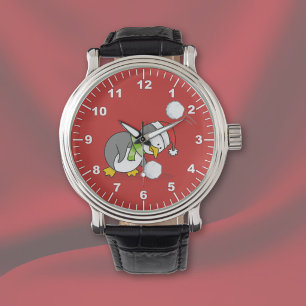 Christmas penguin getting a snow ball watch