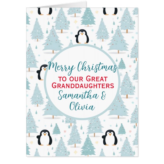 Christmas Penguin Great Granddaughter Oversized Card (Front)